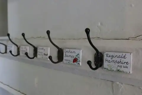 Hooks: A row of coat hooks, each labeled
