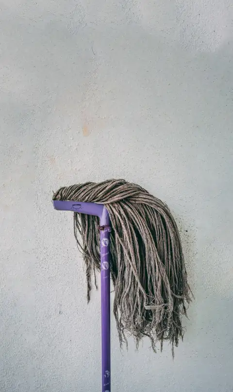 Mops: purple and white mop leaning on white wall
