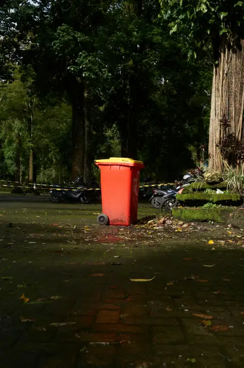 Dustbins: A red trash can sitting in the middle of a park
